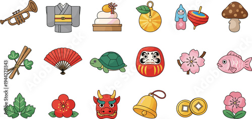Collection of Japanese Culture Icons Including Kimono, Fan, Daruma, Tortoise, Cherry Blossom, and More for Cultural Designs