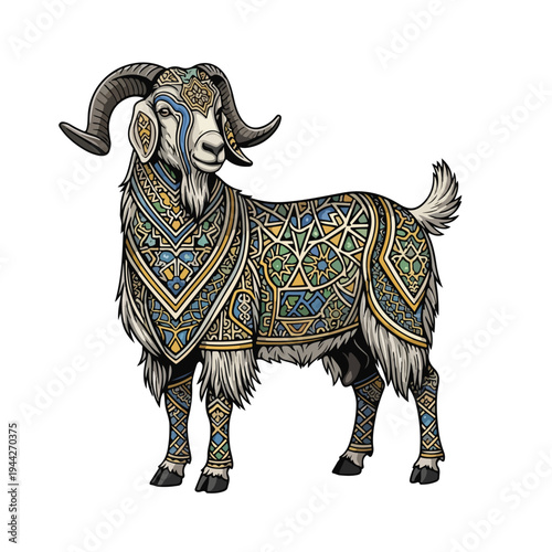 Ornate Goat with Intricate Patterns and Horns.