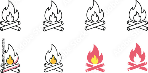 Set of Flame and Campfire Icons in Different Styles, Perfect for Outdoor, Adventure, and Camping Designs