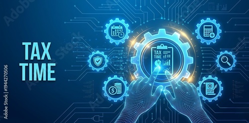 Concept tax payment. Data analysis, financial research report and calculation of tax return. Payment of debt. Government, state taxes. Wireframe hand touching digital interface. ai new