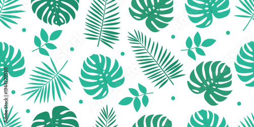 modern green tropical leaves seamless pattern background . tropical plants and palm tree illustrations