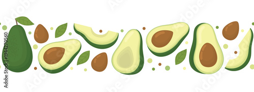 Seamless border with fresh avocado. Horizontal pattern of whole fruits, halves, slices, seeds and leaves