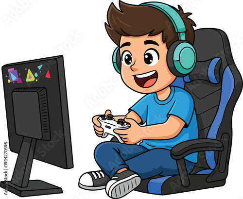 A cartoon boy sitting in a chair playing a video game on his computer