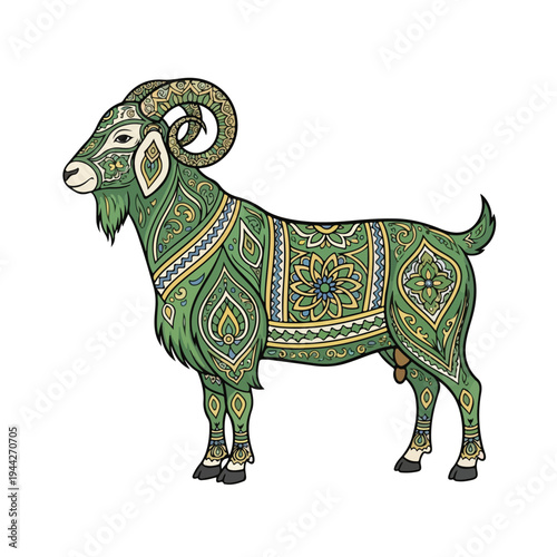 Ornate Green Goat with Curved Horns.