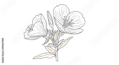 Detailed Botanical Line Art Illustration of Elegant Evening Primrose Flowers