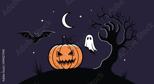 Spooky Halloween Night Scene with Pumpkin Ghost Bat and Haunted Tree Illustration