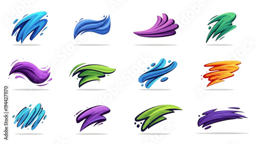 Vibrant colorful brush strokes swirling in various directions on a white surface