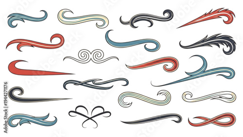Collection of various colorful swirling decorative elements on white