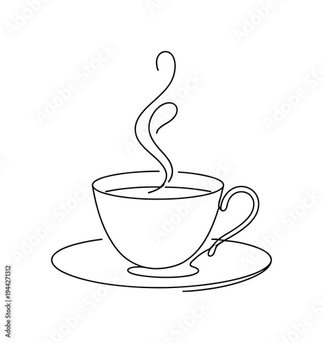 "Afternoon Tea". Minimalistic one-line drawing elegant cup with gentle steam rising above and simple saucer