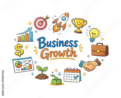 Business Growth. Hand drawn illustration of Business Growth. upward arrow chart, bar graph, dollar sign,