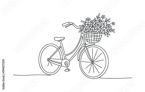 Minimalist Spring Bicycle. "Spring Ride Scene". Minimalistic one-line drawing bicycle with curved handlebars