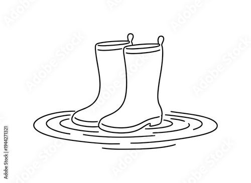 Wallpaper Mural "Boots in Puddle". Minimalistic one-line drawing rain boots placed in shallow water ripple line beneath, Torontodigital.ca