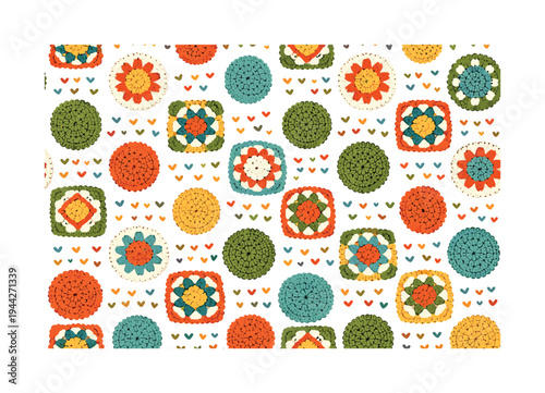 handmade crochet motif composition seamless pattern, repeating pattern, surface design, textile print,