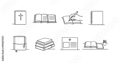 "Faith Journal Set". Minimalistic set one-line drawing closed notebook with cross engraving, open Bible with