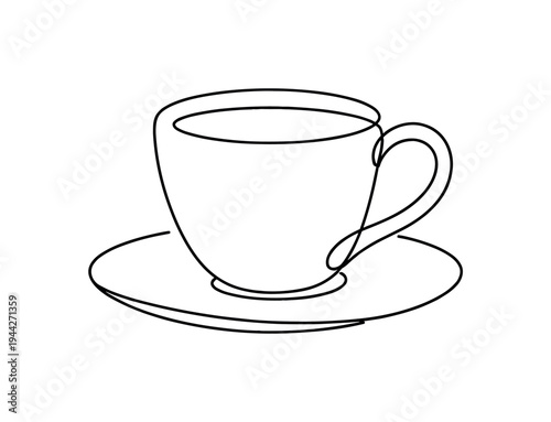 "Coffee Cup". Minimalistic one-line drawing simple coffee cup with curved handle resting on small saucer,