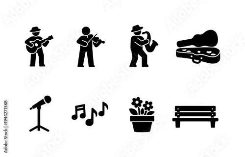 Street Musicians Spring. Filled icon set of Street Musicians Spring: guitarist busker, violin player,