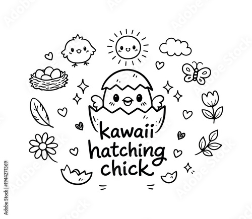 Wallpaper Mural kawaii hatching chick. Hand-drawn doodle illustration of kawaii hatching chick. In the middle, one slightly Torontodigital.ca
