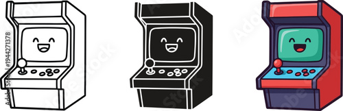 Colorful vector illustrations of happy arcade machines in different designs