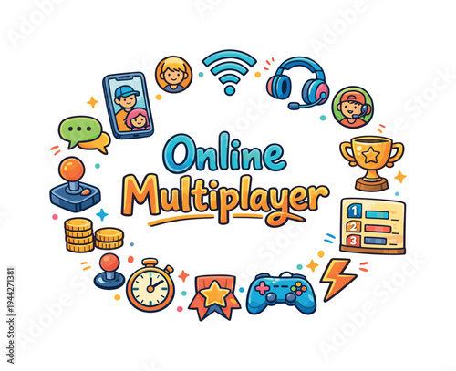 Online Multiplayer. Hand drawn illustration of Online Multiplayer. smartphone with players, wifi signal,