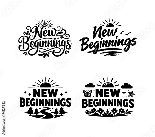 New Beginnings. Set lettering. 4 harmonious lettering variations of the same emblematic concept, each with