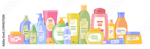 Colorful cosmetic products bottles and containers collection illustration with skincare beauty hygiene items arranged in row flat vector design isolated on white background