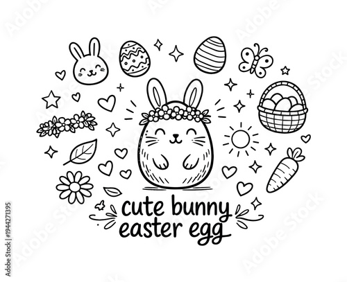 cute bunny easter egg. Hand-drawn doodle illustration of cute bunny easter egg. In the middle, one slightly