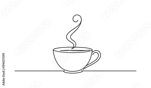 "Cozy Tea Moment". Minimalistic one-line drawing teacup placed on flat surface line with subtle steam curl