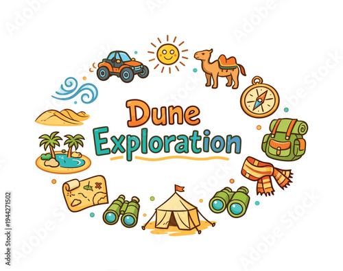 Dune Exploration. Hand drawn illustration of Dune Exploration. sand dunes, off-road buggy, camel, compass,