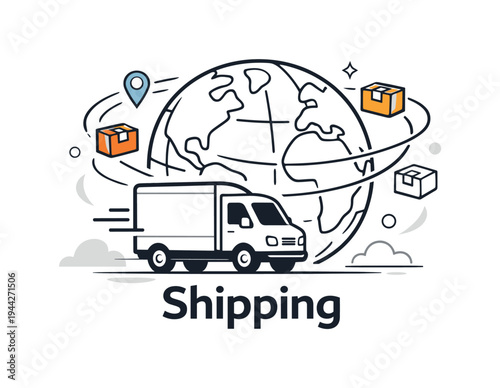 Global delivery network. A clean delivery truck icon paired with simplified globe outline and small package