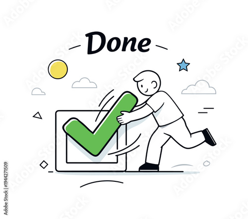 Task completed scene. A minimal character placing a large checkmark inside a simple square box, curved motion