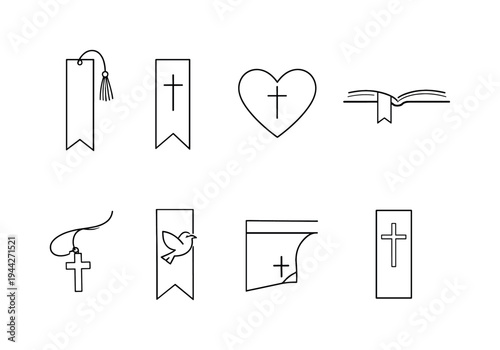 Minimal Faith Bookmarks. "Faith Bookmark Icons". Minimalistic set one-line drawing long bookmark with ribbon