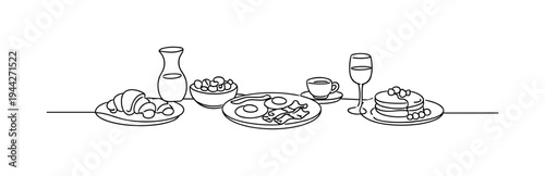"Outdoor Brunch Arrangement". Minimalistic one-line drawing table with breakfast dishes and glass placed