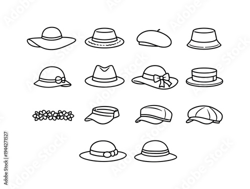 spring hats fashion collage. Line outline icon set of spring hats fashion collage: wide brim hat, straw hat,