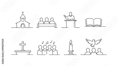"Worship Service Icons". Minimalistic set one-line drawing chapel facade outline, people seated in pews,