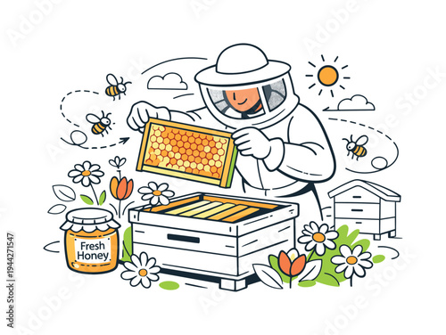 Apiary Beekeeping. A beekeeper in a protective suit carefully lifting a honeycomb frame from a wooden hive,