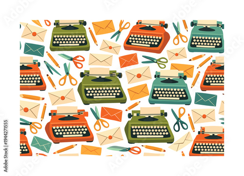 retro desk essentials layout seamless pattern, repeating pattern, surface design, textile print, large