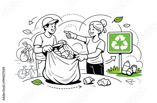 Community Clean-Up Day. People collecting recyclable waste in a park, one person holding a bag while another