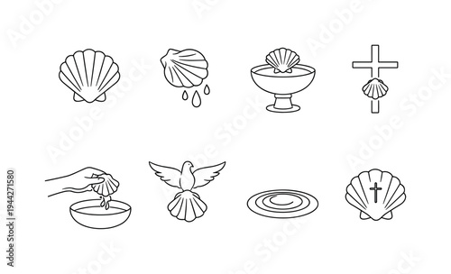 "Baptism Shell". Minimalistic set one-line drawing scallop baptism shell, shell pouring water drops, baptismal