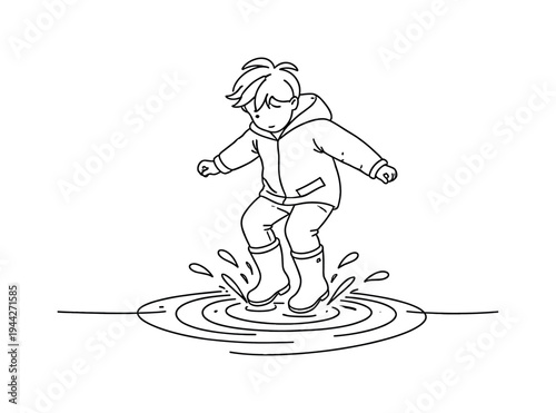 "Spring Rain Fun". Minimalistic one-line drawing playful child jumping into puddle with boots creating