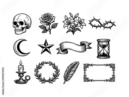 Gothic botanical symbolism engraving. Line outline icon set of Gothic botanical symbolism engraving: skull