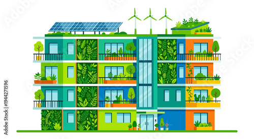 Sustainable building with solar panels green walls and rooftop garden
