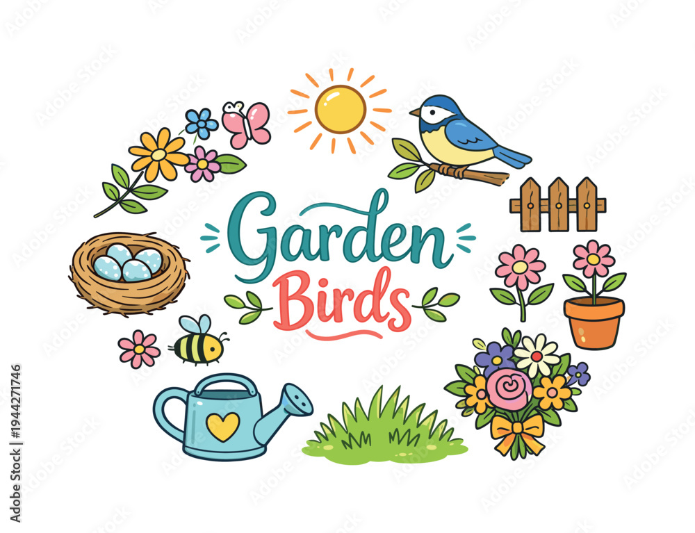 Fototapeta premium Garden Birds Illustration. Garden Birds. Hand drawn illustration of Garden Birds. bird on branch, nest with