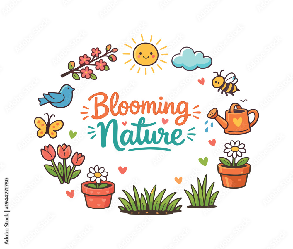 Fototapeta premium Blooming Nature. Hand drawn illustration of Blooming Nature. flower branch, bird silhouette, butterflies,