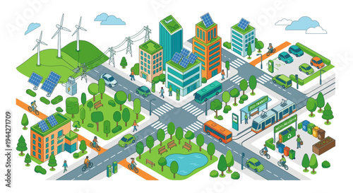 Sustainable city landscape featuring renewable energy sources and urban life