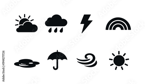 Sun after storms. Filled icon set of Sun after storms: sun breaking through clouds, rain cloud, lightning bolt