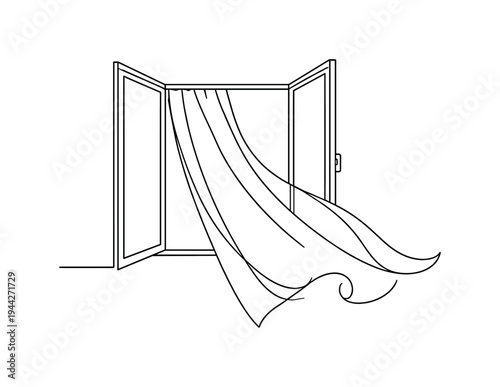 "Fresh Air Window". Minimalistic one-line drawing open casement window with gentle curtain line flowing inward