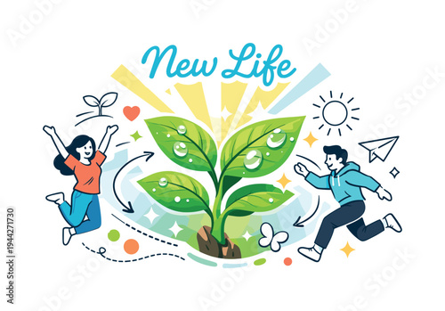 Green Leaves Growth. A close-up of fresh green leaves unfurling from a small stem, droplets of water sparkling