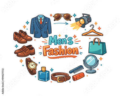Men’s Fashion. Hand drawn illustration of Men’s Fashion. tailored suit, tie, dress shoes, wristwatch,