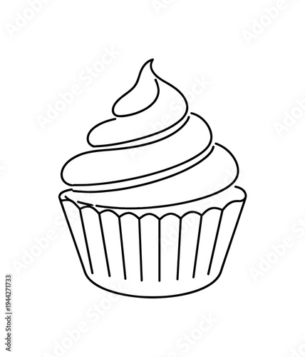 "Frosted Cupcake". Minimalistic one-line drawing cupcake with smooth spiral icing and simple base wrapper
