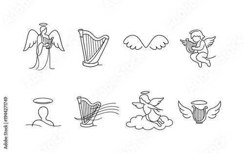 "Celestial Harp Set". Minimalistic set one-line drawing standing angel with harp, harp front view icon, angel